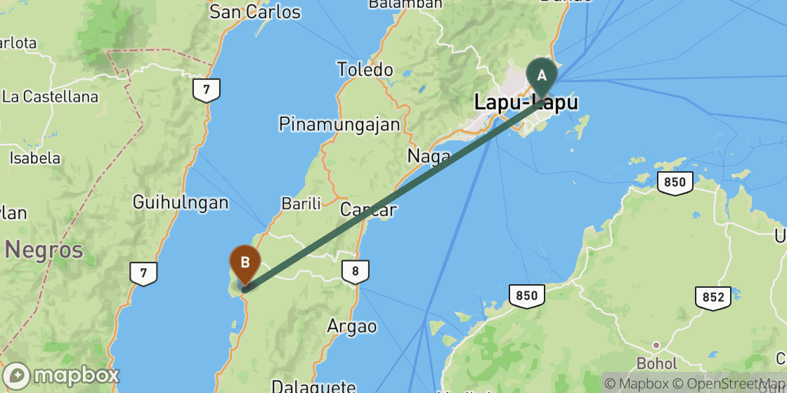 Map showing route from Cebu to Moalboal - 67 km