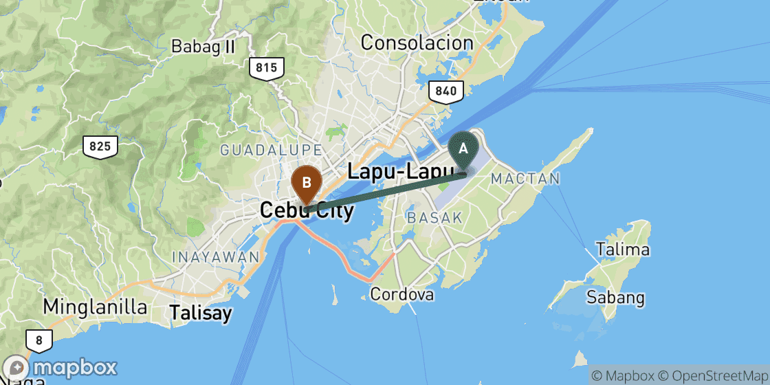 Map showing route from Cebu Airport to Cebu City Centre - 15 km