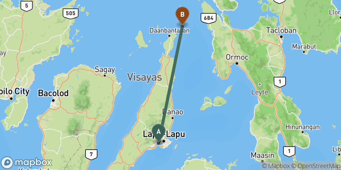 Map showing route from Cebu to Malapascua - 118 km