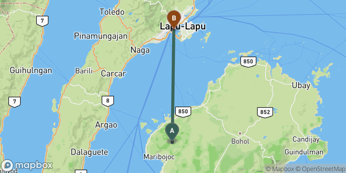 Map showing route from Bohol to Cebu - 59 km
