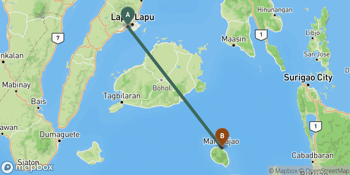 Map showing route from Cebu to Camiguin - 154 km