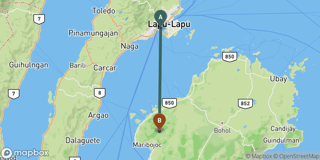 Map showing route from Cebu to Bohol - 59 km