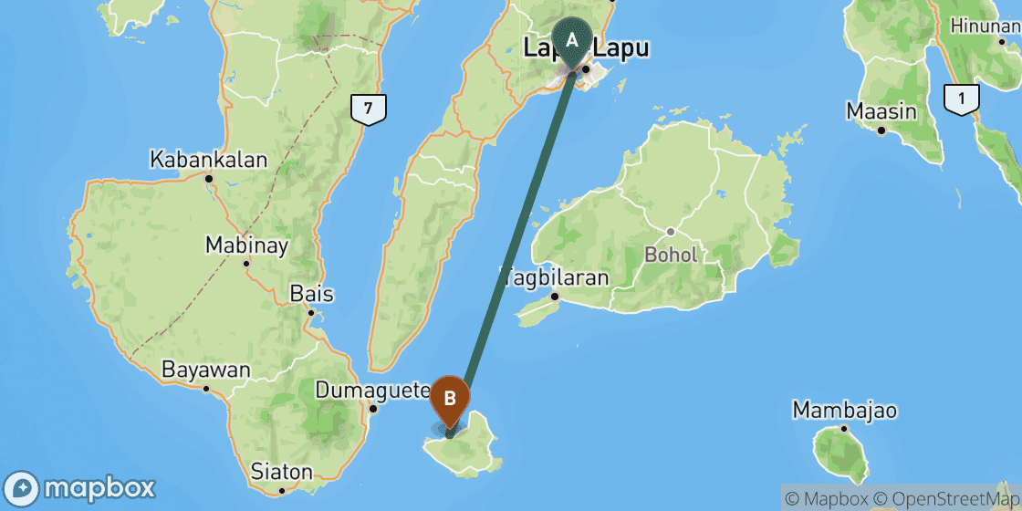 Map showing route from Cebu to Siquijor - 130 km