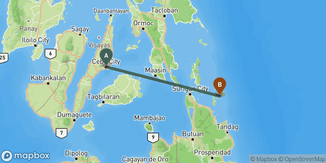 Map showing route from Cebu to Siargao - 240 km