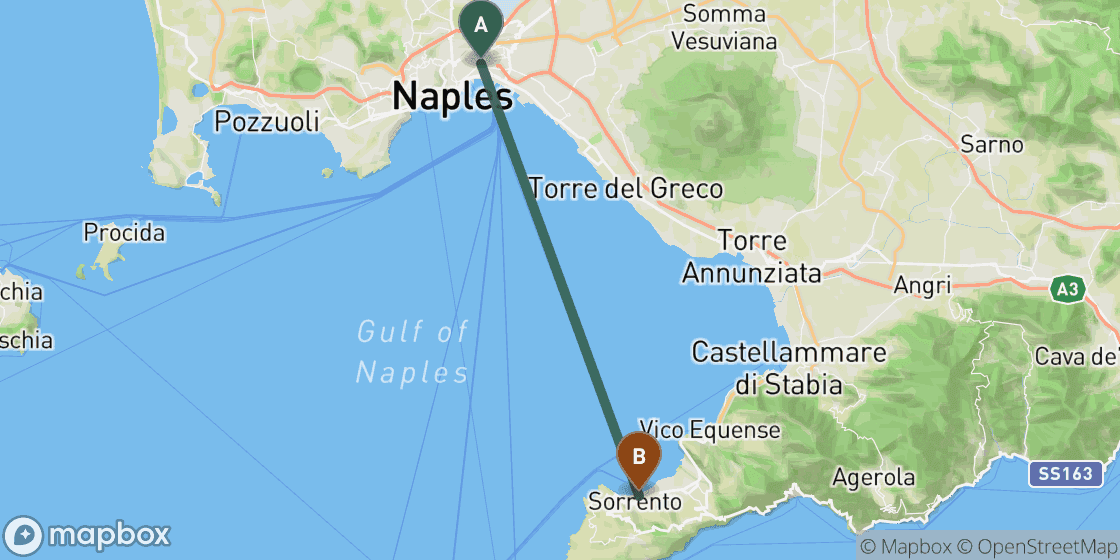 Map showing route from Naples to Sorrento - 25 km