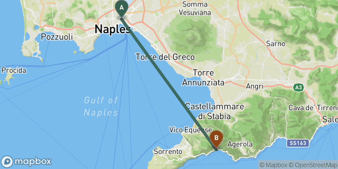 Map showing route from Naples to Positano - 30 km