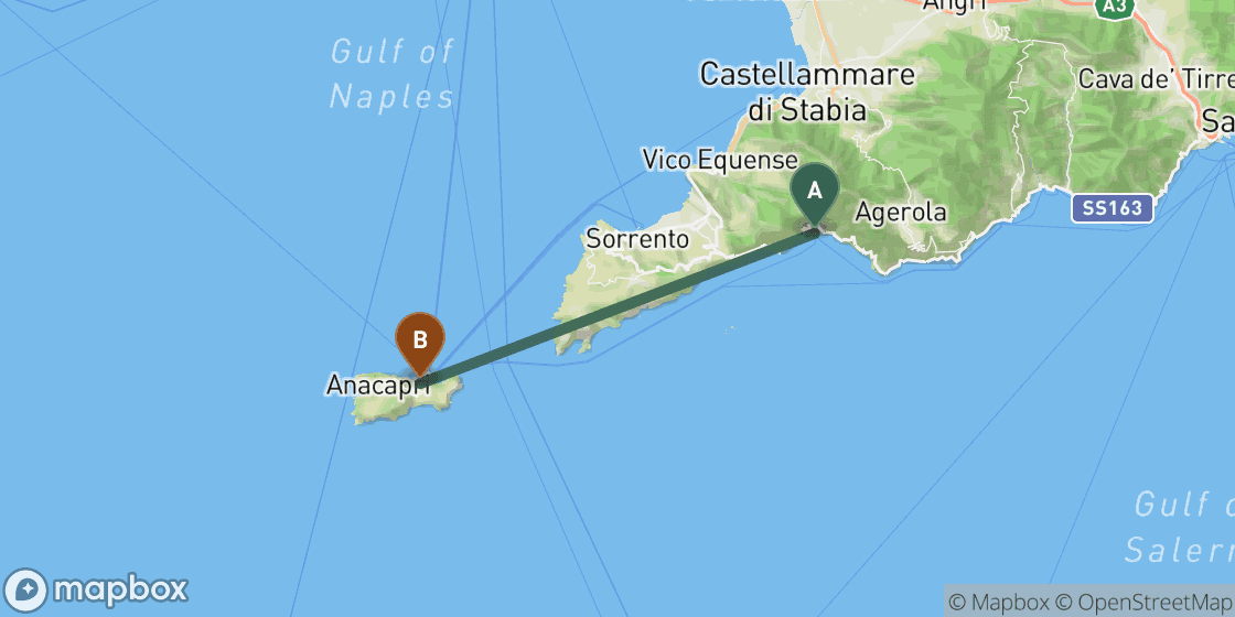 Map showing route from Positano to Capri - 23 km