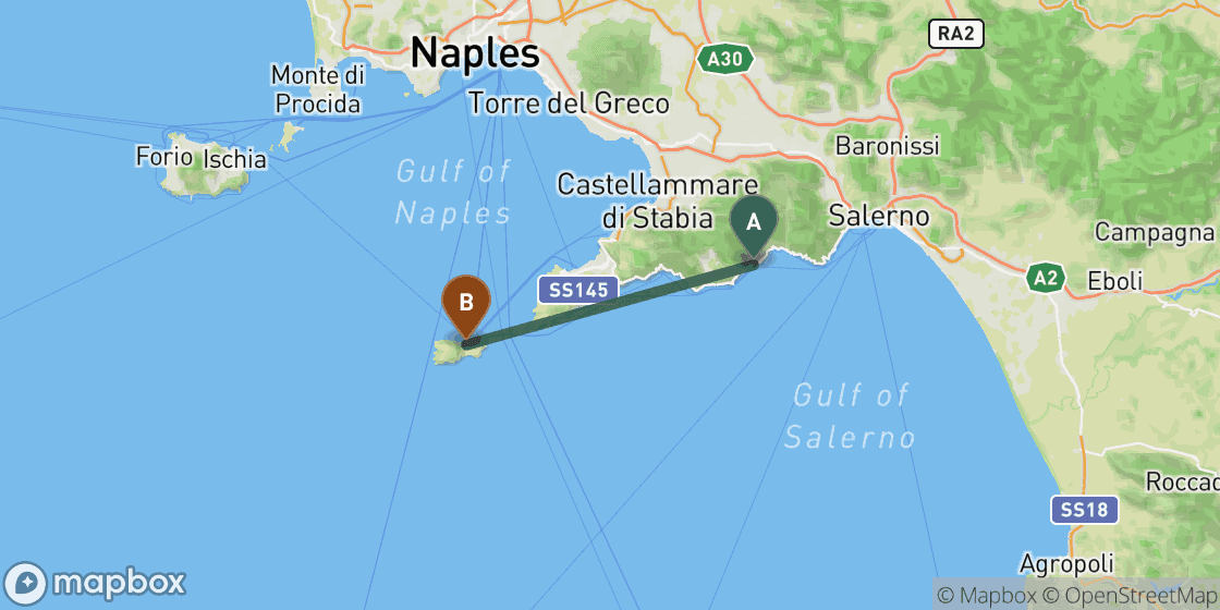 Map showing route from Amalfi to Capri - 33 km