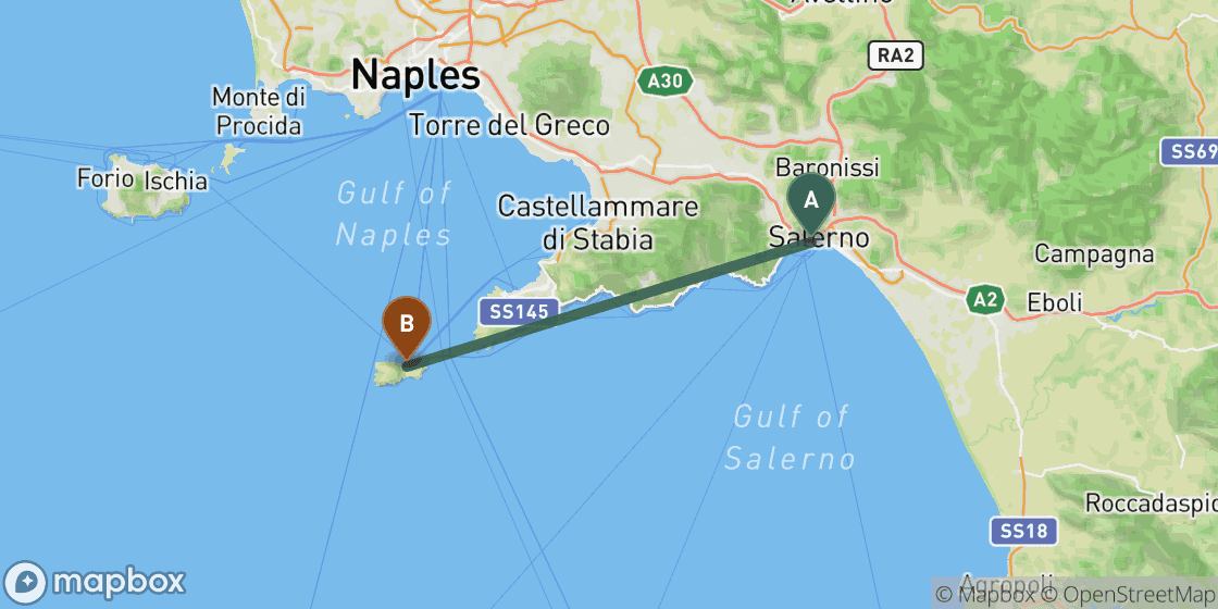 Map showing route from Salerno to Capri - 47 km