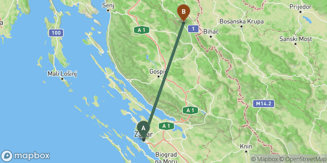 Map showing route from Zadar to Plitvice Lakes - 87 km