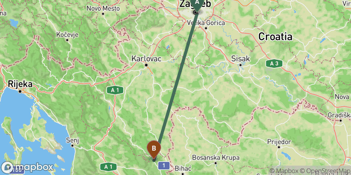Map showing route from Zagreb to Plitvice Lakes - 110 km
