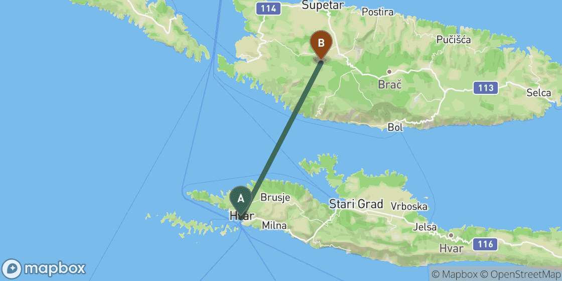 Map showing route from Hvar to Brac - 24 km