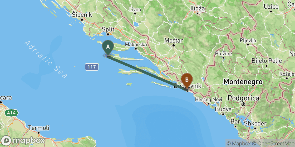 Map showing route from Hvar to Dubrovnik - 148 km