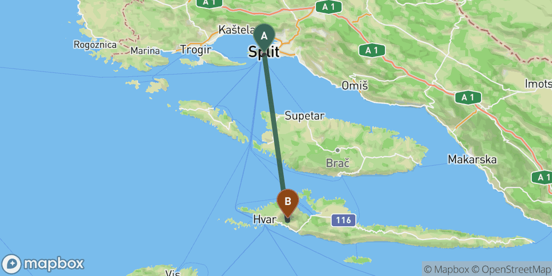 Map showing route from Split to Hvar - 37 km