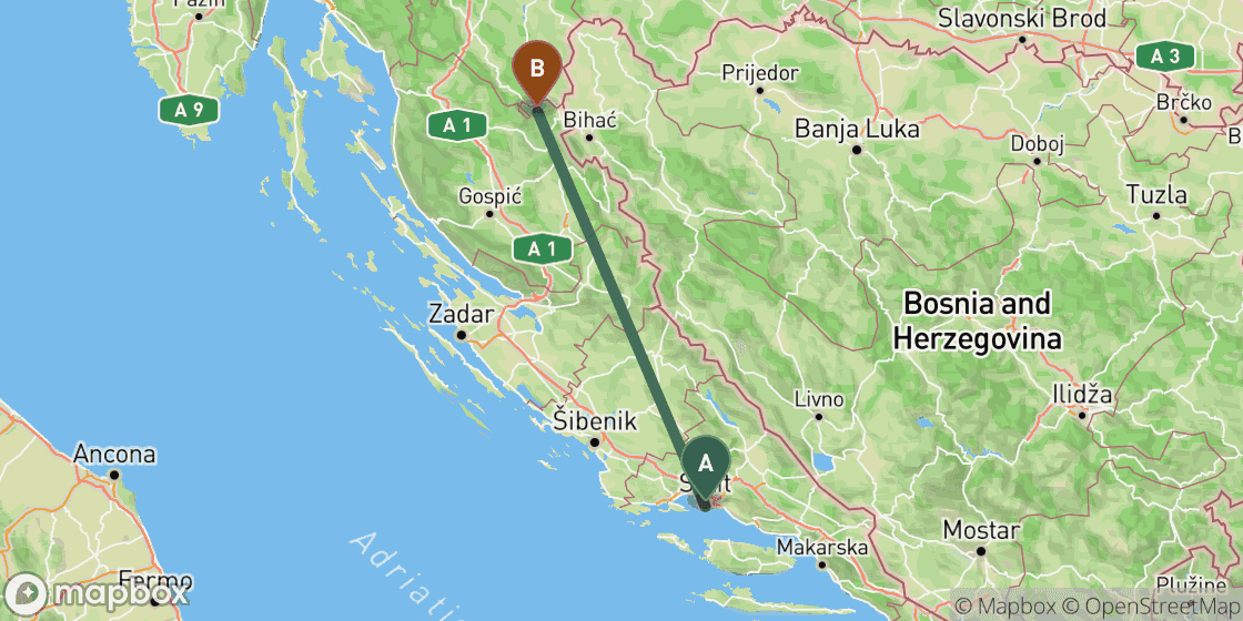 Map showing route from Split to Plitvice Lakes - 166 km