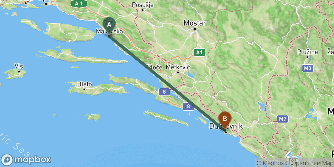 Map showing route from Makarska to Dubrovnik - 115 km