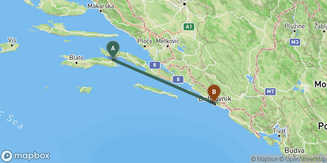 Map showing route from Korcula to Dubrovnik - 87 km