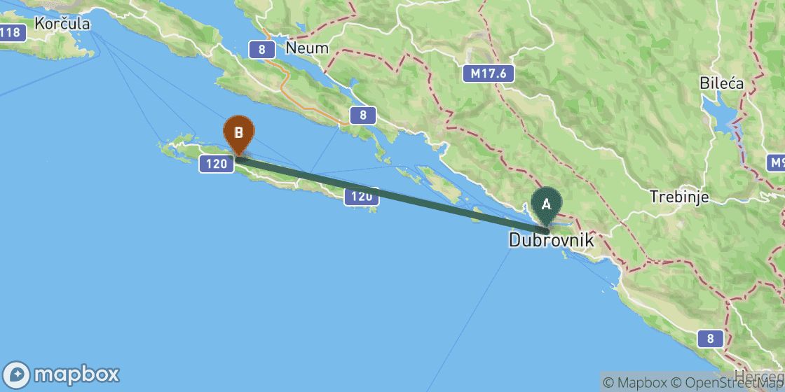 Map showing route from Dubrovnik to Mljet - 48 km