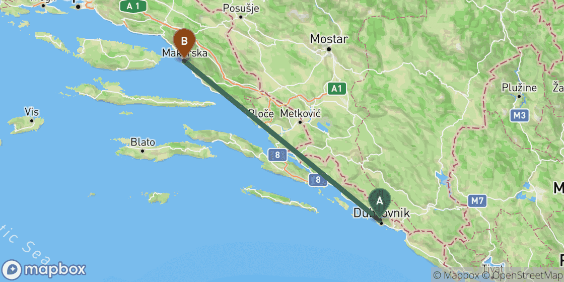 Map showing route from Dubrovnik to Makarska - 115 km