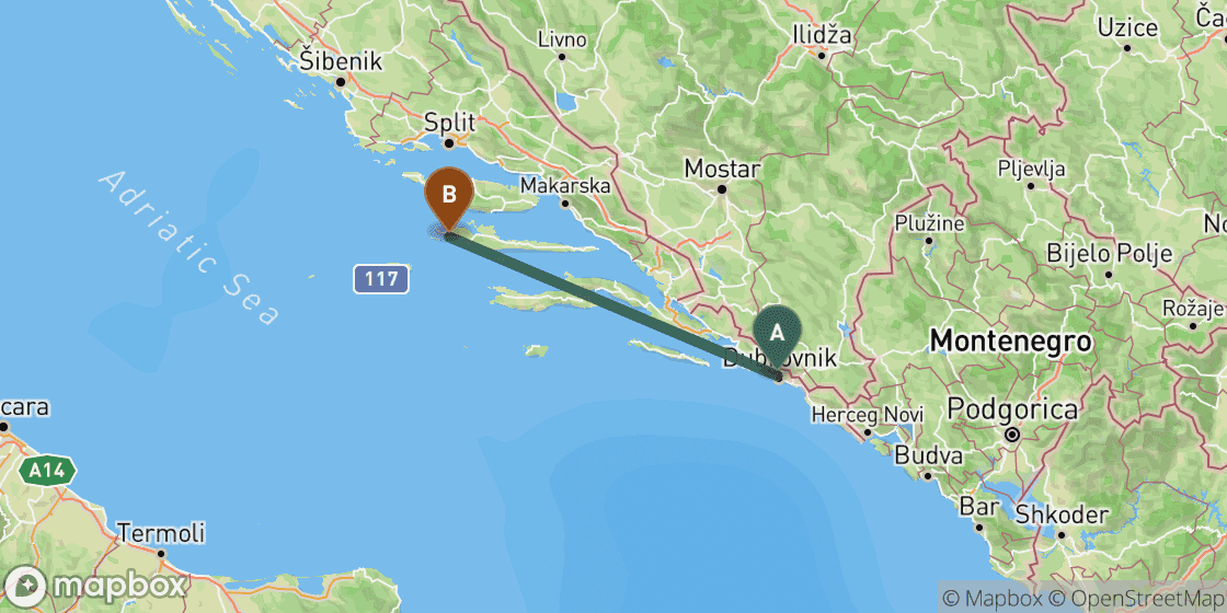 Map showing route from Dubrovnik to Hvar - 148 km