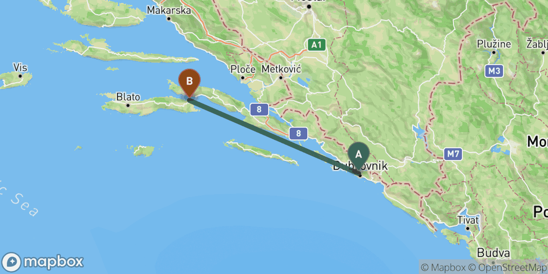 Map showing route from Dubrovnik to Korcula - 87 km