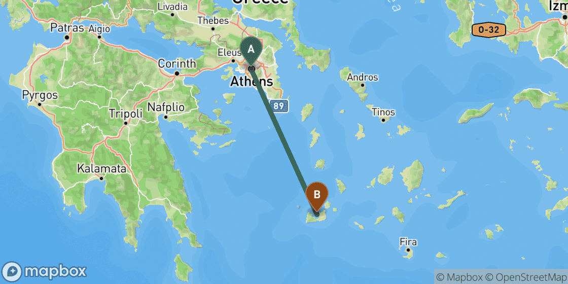 Map showing route from Athens to Milos - 156 km