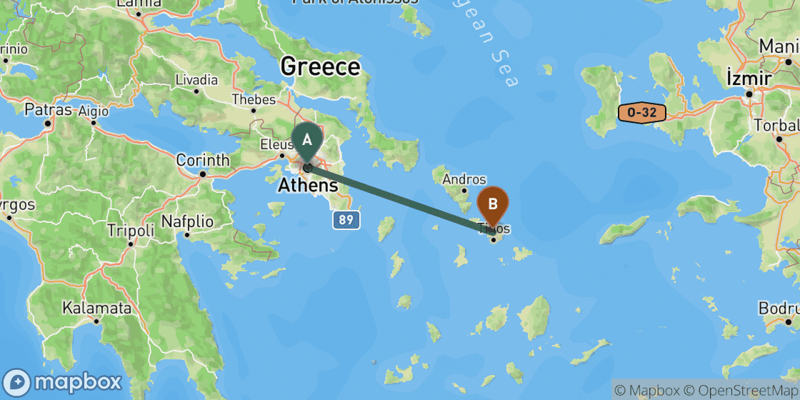 Map showing route from Athens to Tinos - 130 km