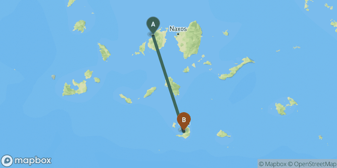 Map showing route from Paros to Santorini - 74 km