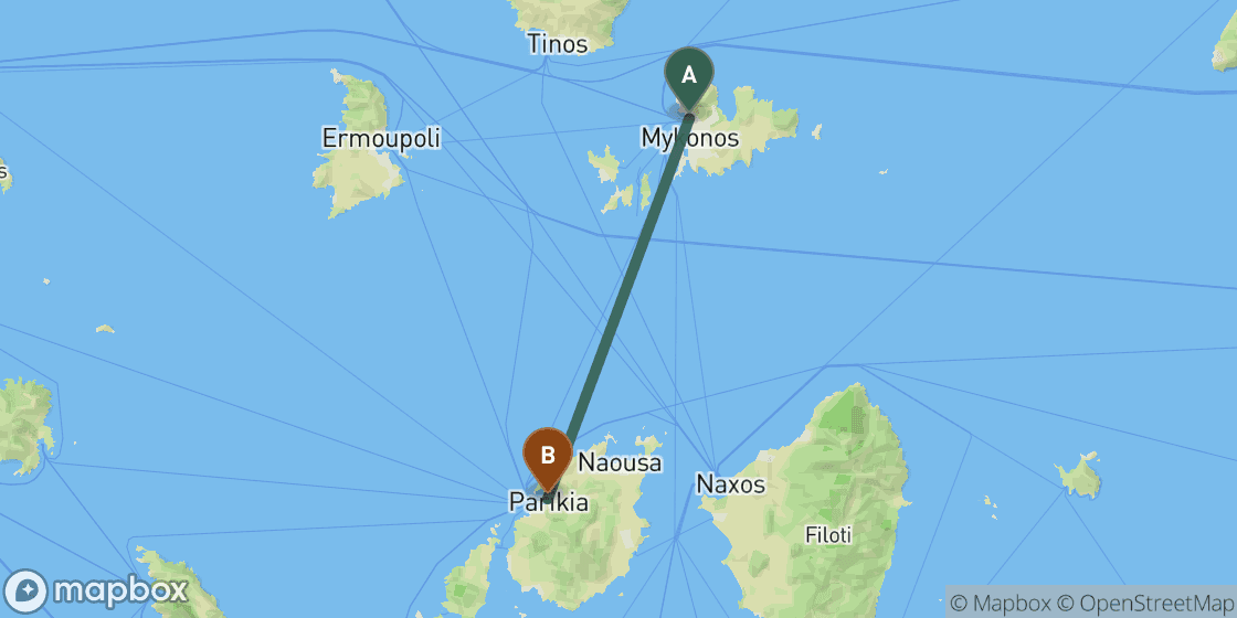 Map showing route from Mykonos to Paros - 46 km