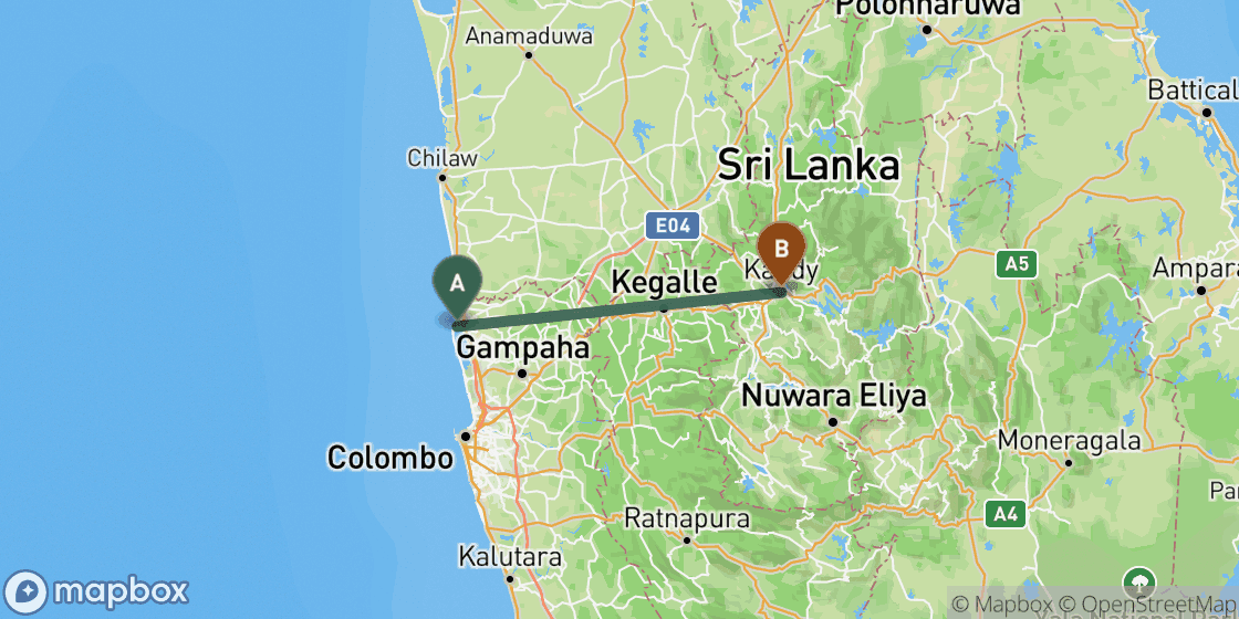 Map showing route from Negombo to Kandy - 89 km