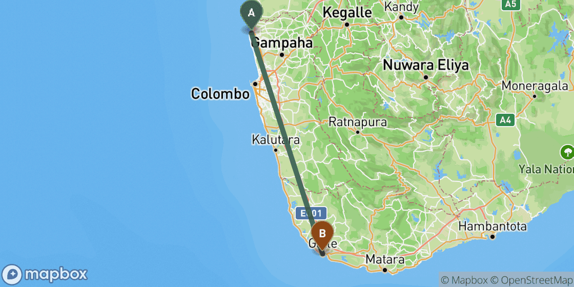 Map showing route from Negombo to Galle - 137 km