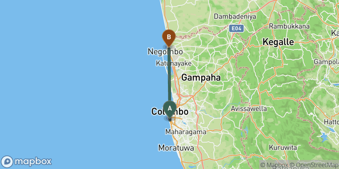 Map showing route from Colombo to Negombo - 32 km