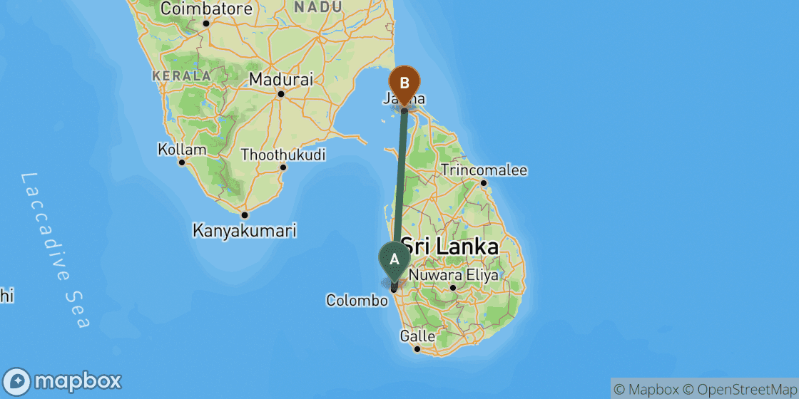 Map showing route from Colombo to Jaffna - 305 km
