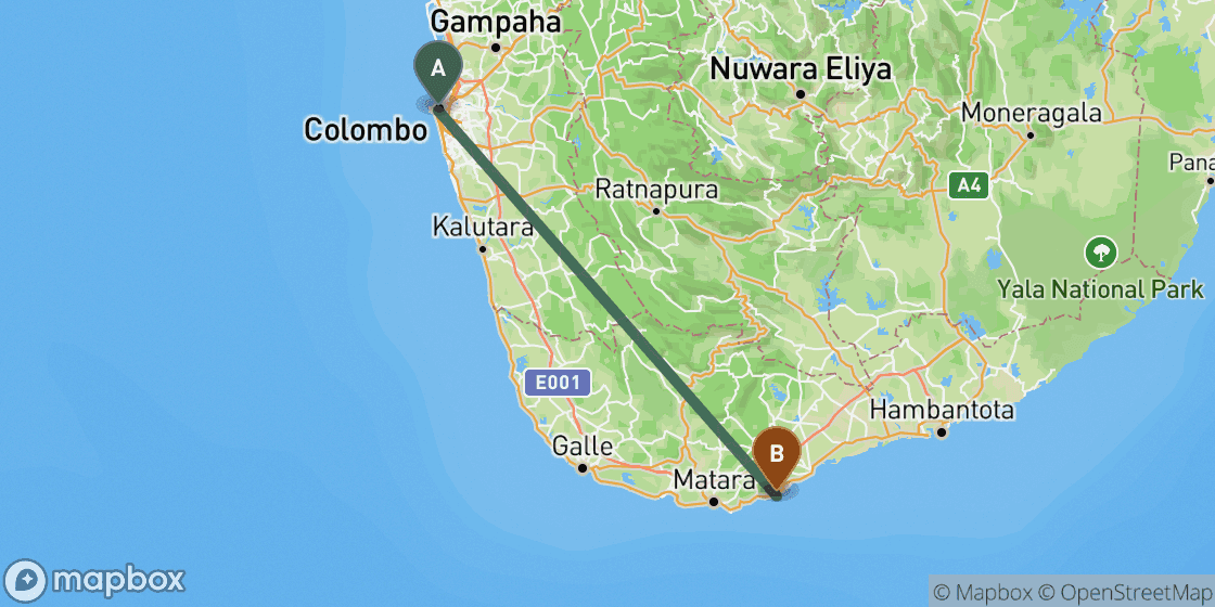 Map showing route from Colombo to Dickwella - 142 km