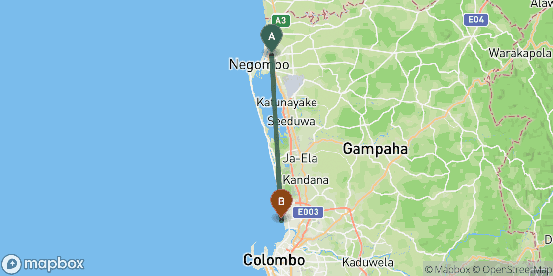 Map showing route from Negombo to Colombo - 32 km