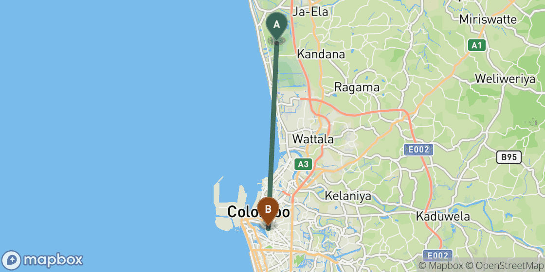 Map showing route from Colombo Airport to Colombo City Centre - 32 km