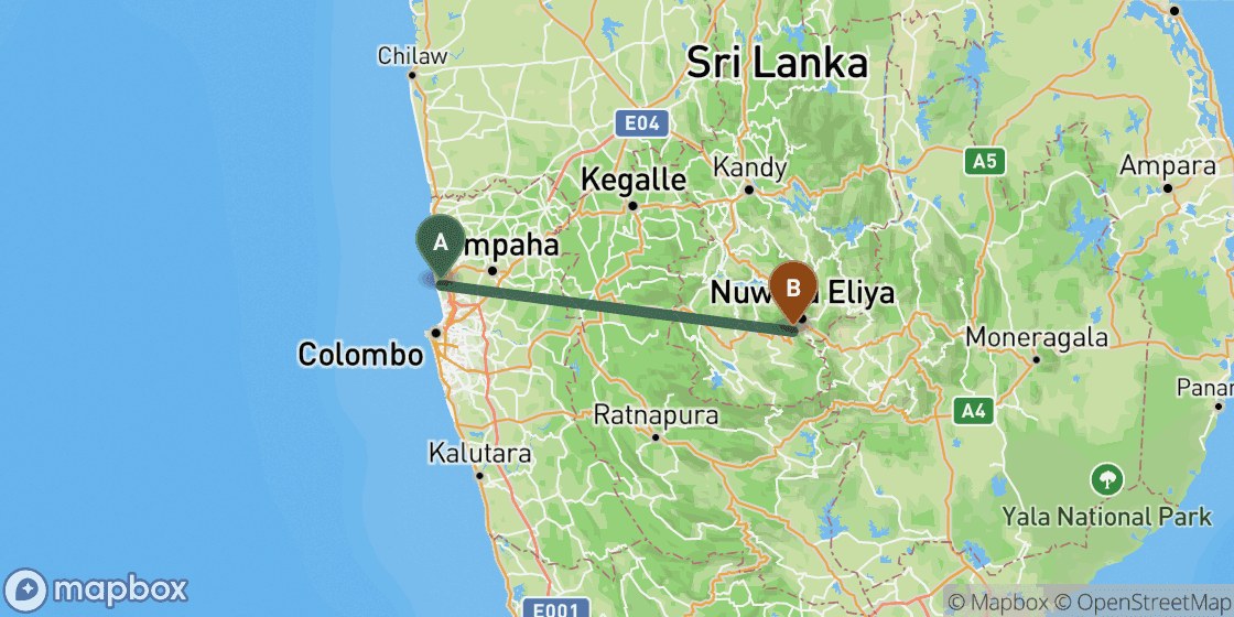 Map showing route from Colombo to Nuwara Eliya - 100 km