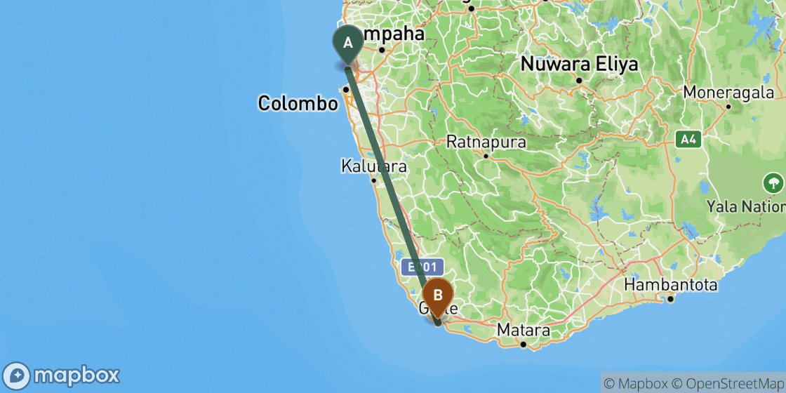 Map showing route from Colombo to Galle - 107 km