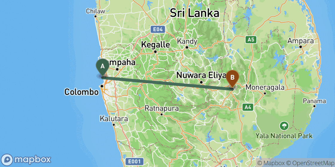 Map showing route from Colombo to Ella - 131 km