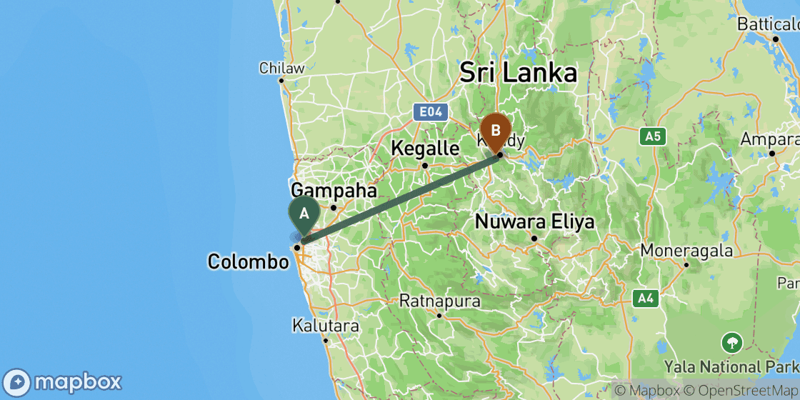 Map showing route from Colombo to Kandy - 95 km