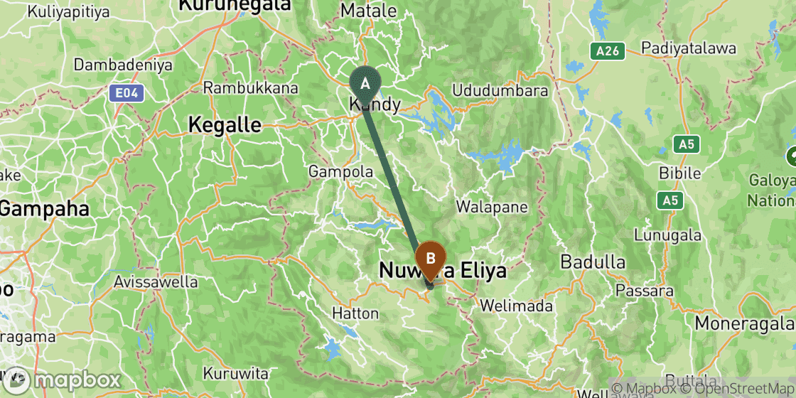 Map showing route from Kandy to Nuwara Eliya - 39 km