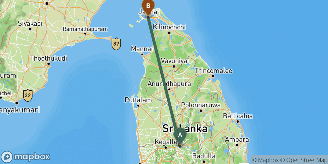 Map showing route from Kandy to Jaffna - 272 km