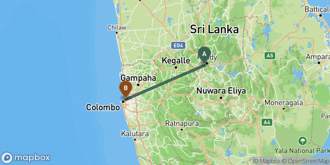 Map showing route from Kandy to Colombo - 95 km
