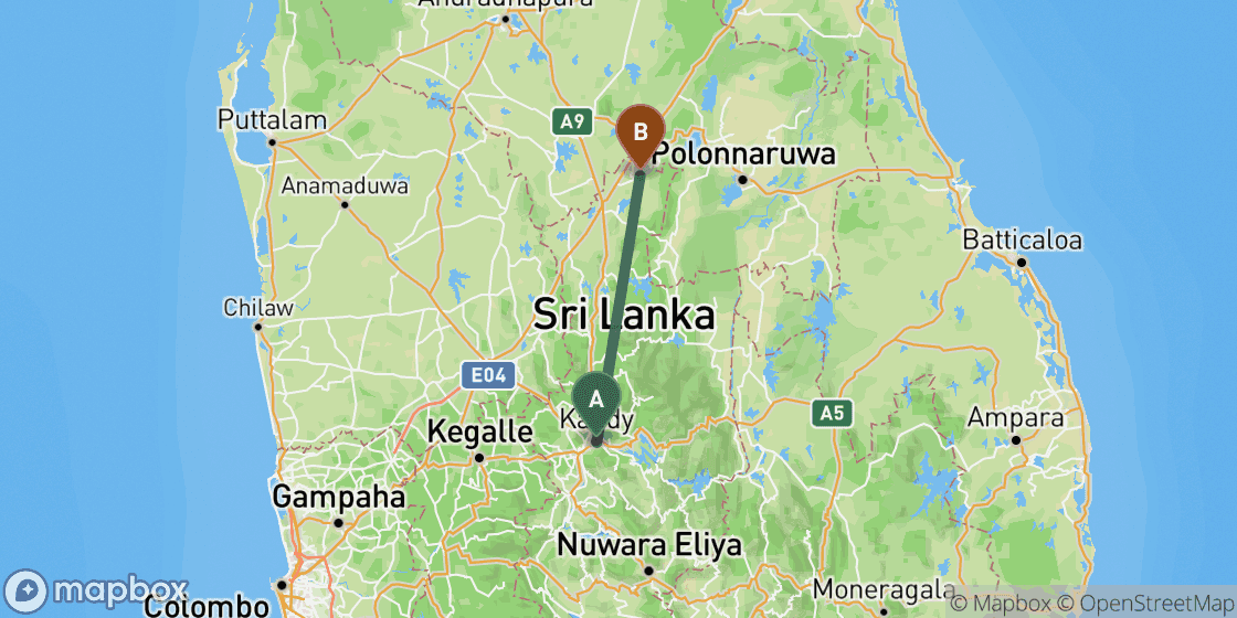 Map showing route from Kandy to Sigiriya - 74 km