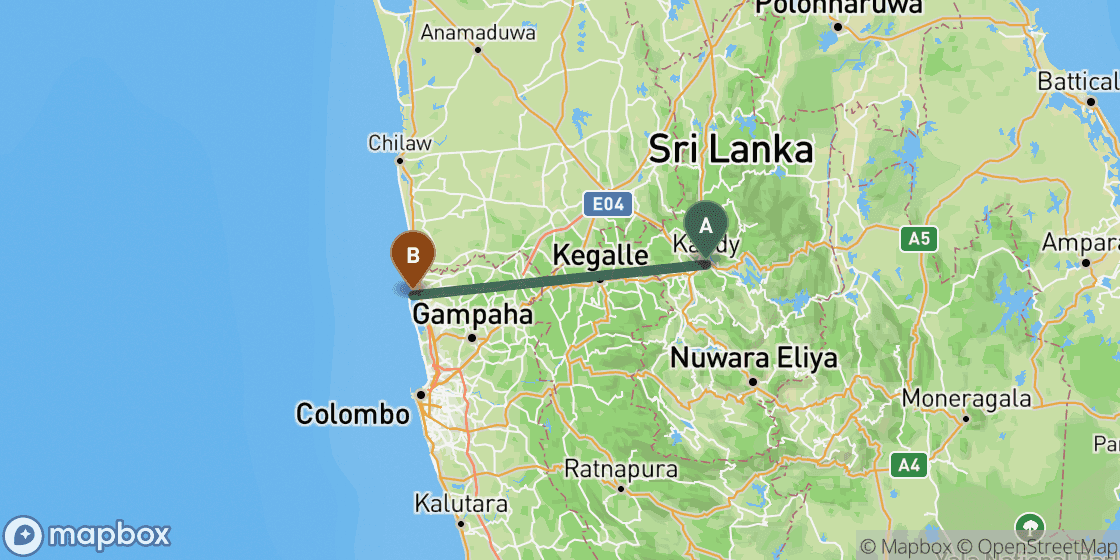 Map showing route from Kandy to Negombo - 89 km