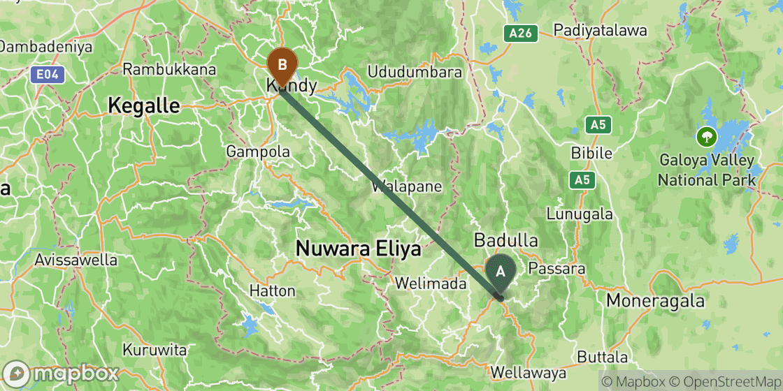 Map showing route from Ella to Kandy - 66 km