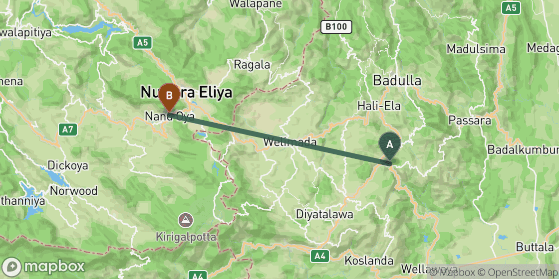 Map showing route from Ella to Nuwara Eliya - 33 km