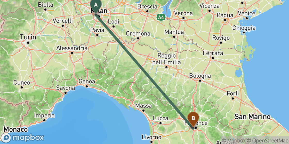 Map showing route from Milan to Florence - 249 km
