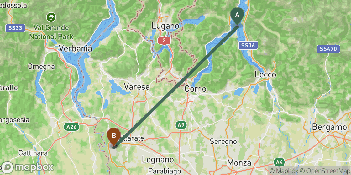 Map showing route from Lake Como to Milan - 60 km