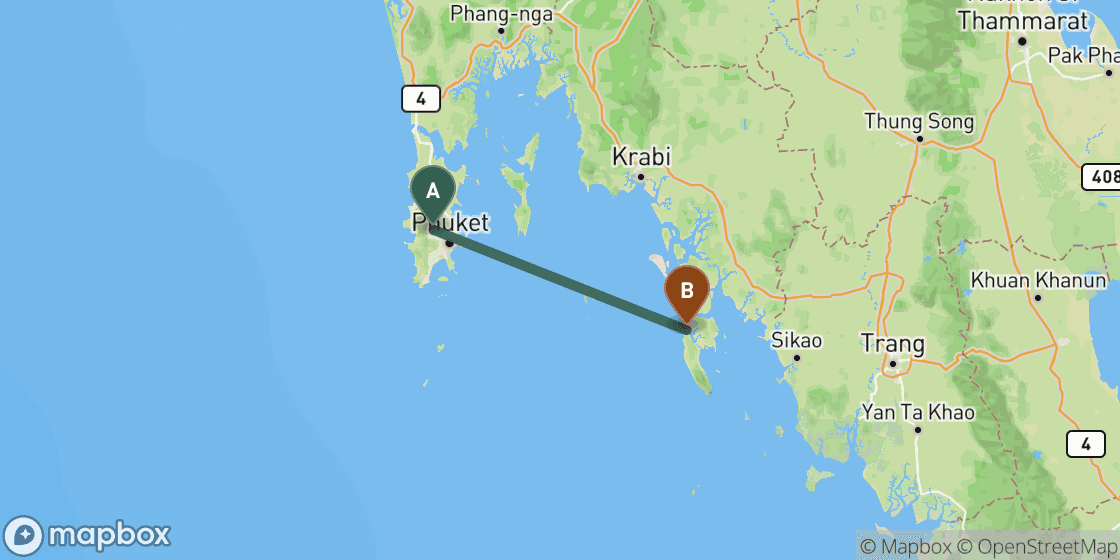 Map showing route from Phuket to Koh Lanta - 80 km